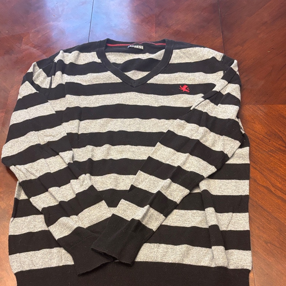 Express Black and Gray Striped V-Neck Sweater- Vintage